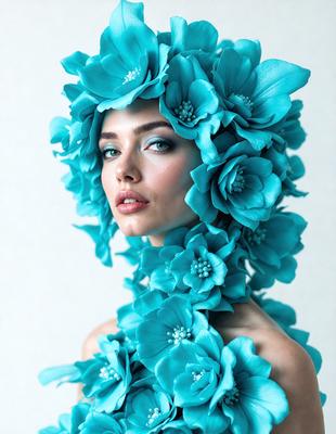The primary subject of the image is a woman wearing a blue floral headpiece. The setting is a white background, which provides a clean and minimalistic look. The visual style is a combination of a photo and digital art, creating a unique and artistic representation of the woman. The colors and mood of the image are predominantly blue, giving it a calm and serene atmosphere.